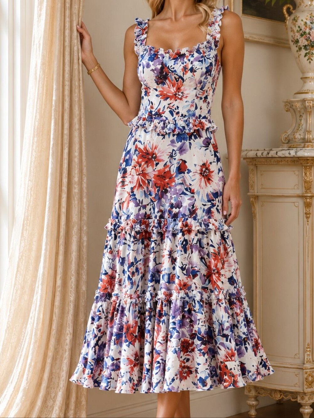 NWOT Willa Story XS Floral Ruffle Midi Dress Red Blue White 2 Corset 4th July